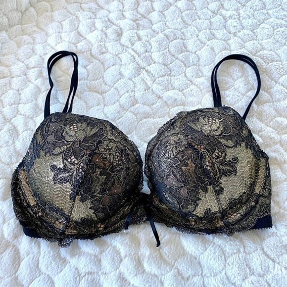 32C Seduction Lace Plunge Push Up Bra Gold Foil - Picture 2 of 7
